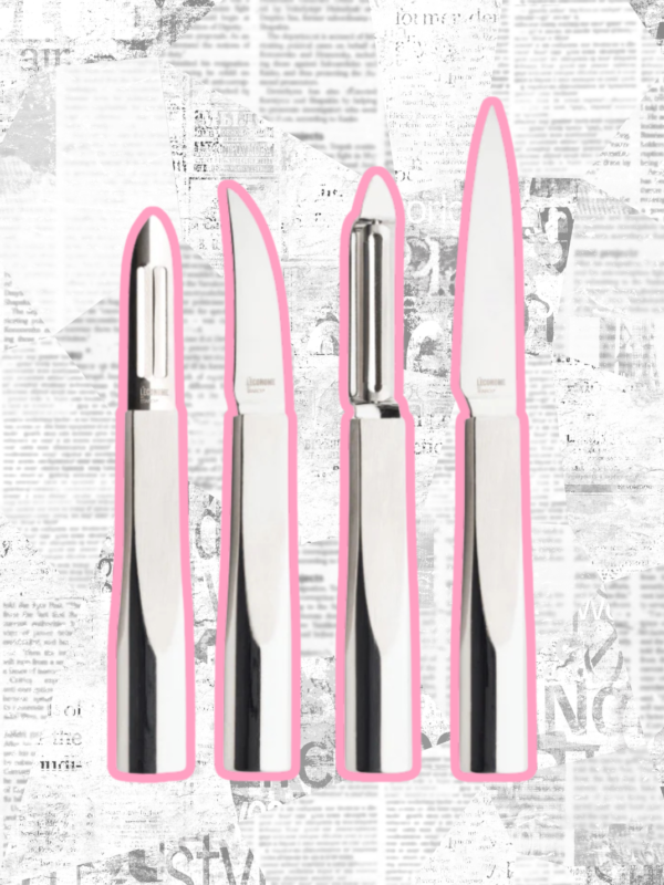Set L&rsquo;&Eacute;conome Starck de cuatro utensilios Degrenne fabricados en acero inoxidable: cuchillo de oficina, cuchillo de punta de ave, Flexiconome&reg; y pelador. Ideales para pelar, tornear y cortar frutas y verduras con precisi&oacute;n, comodidad y un dise&ntilde;o elegante.