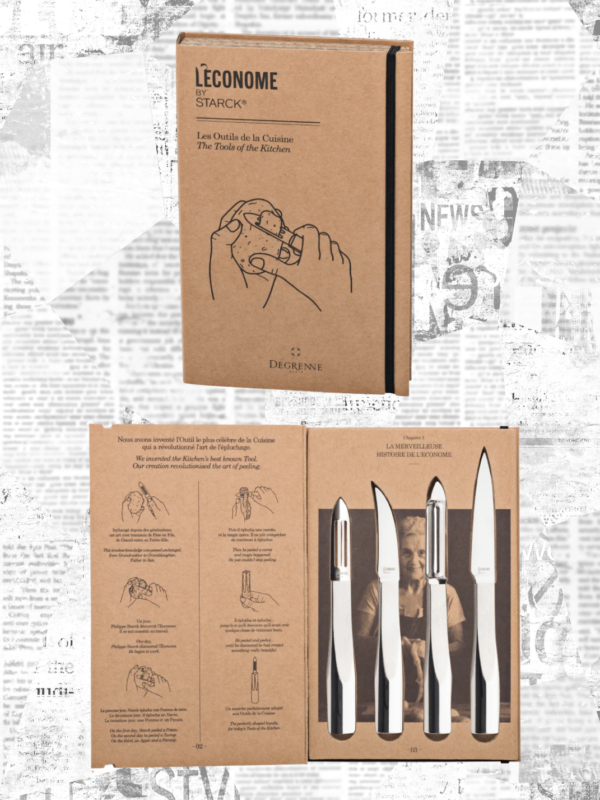 Set L&rsquo;&Eacute;conome Starck de cuatro utensilios Degrenne fabricados en acero inoxidable: cuchillo de oficina, cuchillo de punta de ave, Flexiconome&reg; y pelador. Ideales para pelar, tornear y cortar frutas y verduras con precisi&oacute;n, comodidad y un dise&ntilde;o elegante.